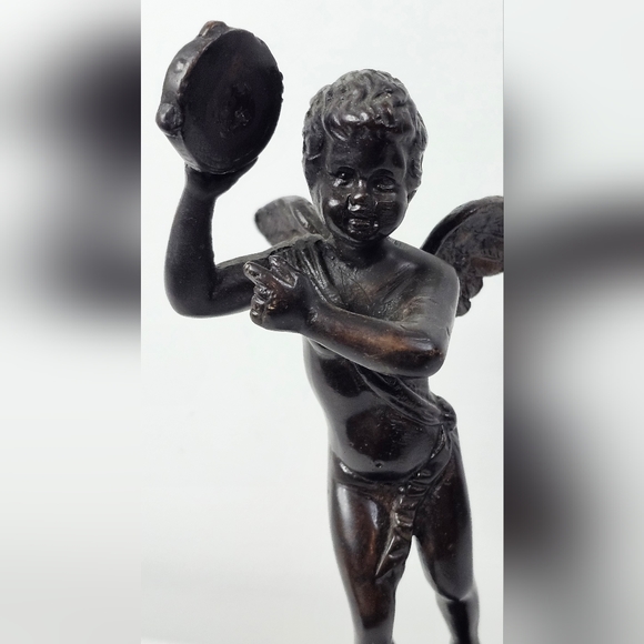 Bronze Cherub Angel Statue Playing Tambourine French Style Musical Vintage Art - Picture 8 of 14